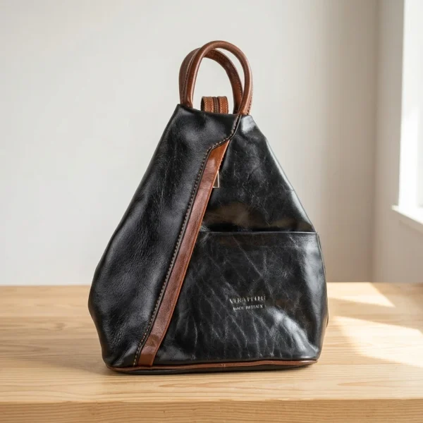 Elegante Lederen Rugtas Exclusief Italiaans Design - Zwart met Bruin