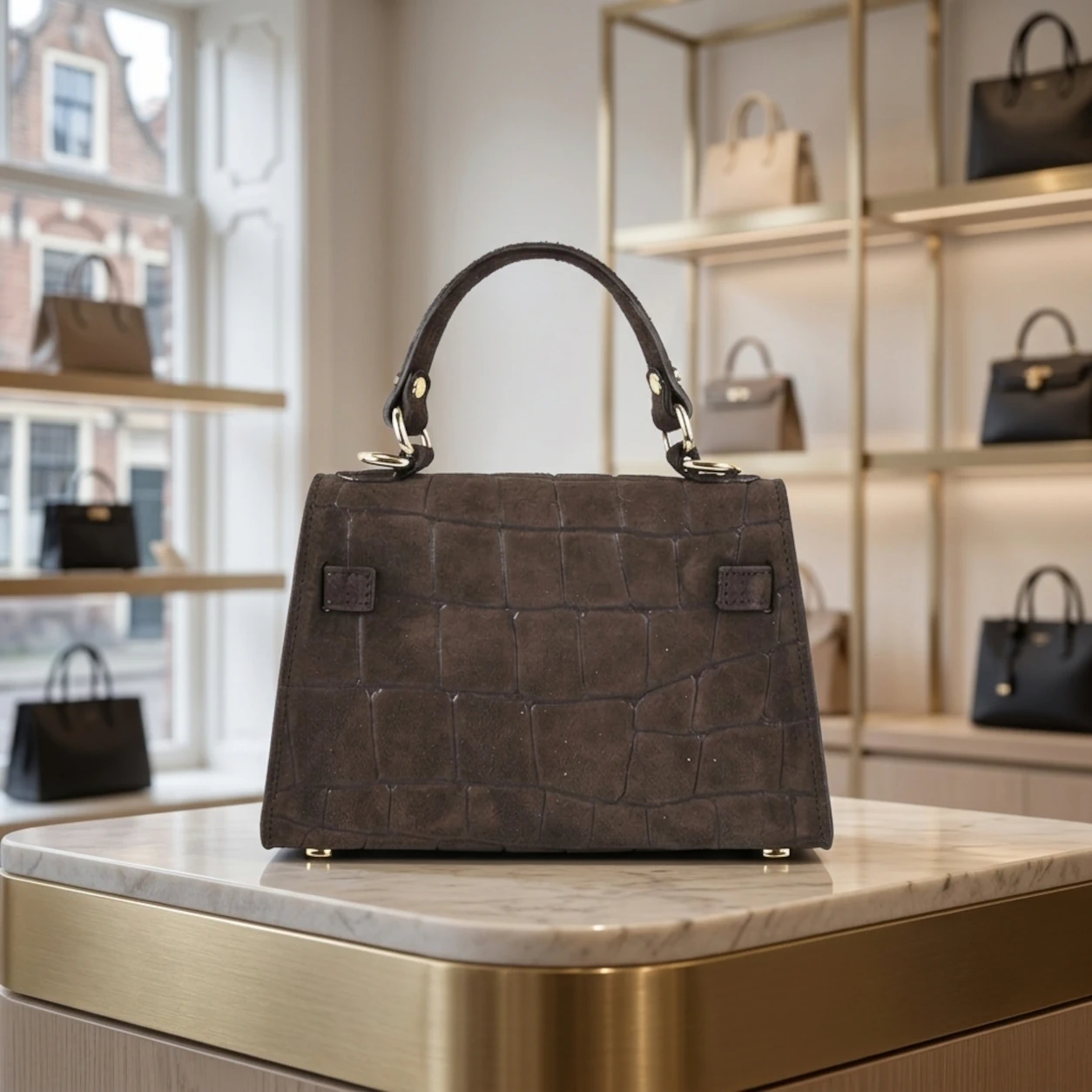 Lederen Croco print handtas Suede Bruin