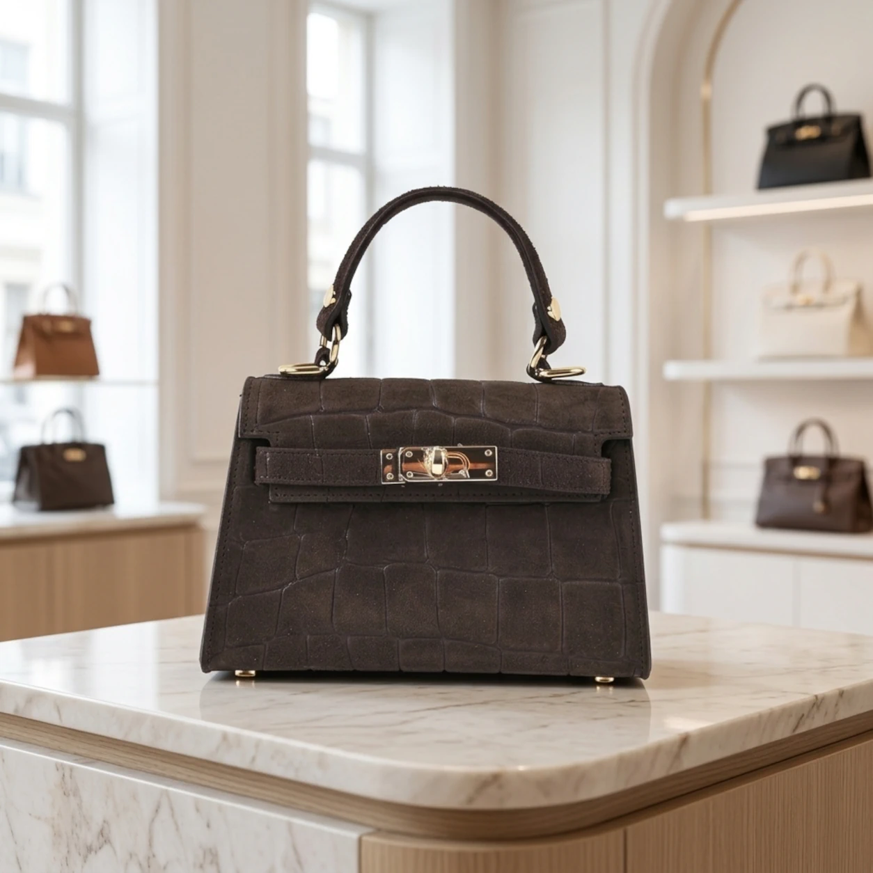 Lederen Croco print handtas Suede Koffie