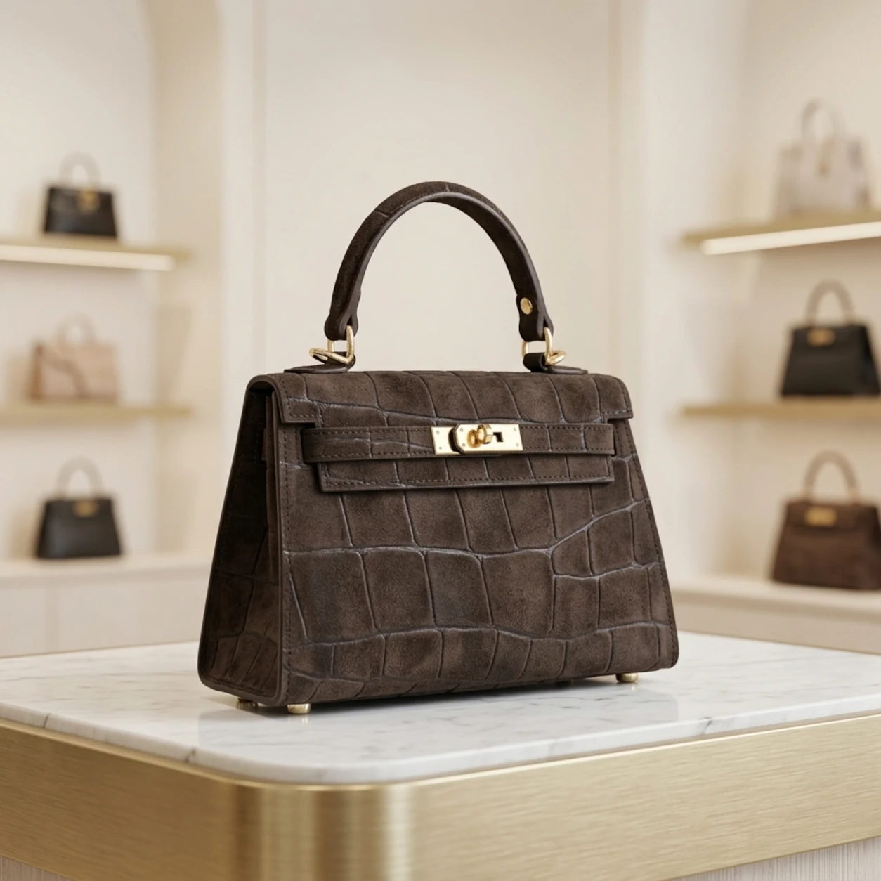 Lederen Croco print handtas Suede bruin