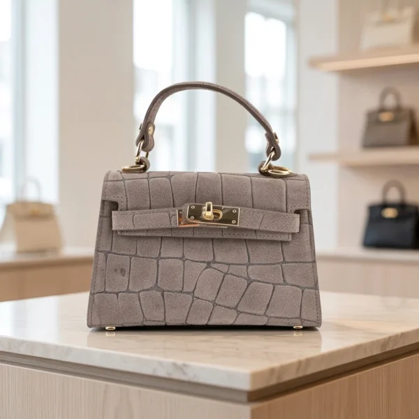 Lederen Croco print handtas Suede Taupe