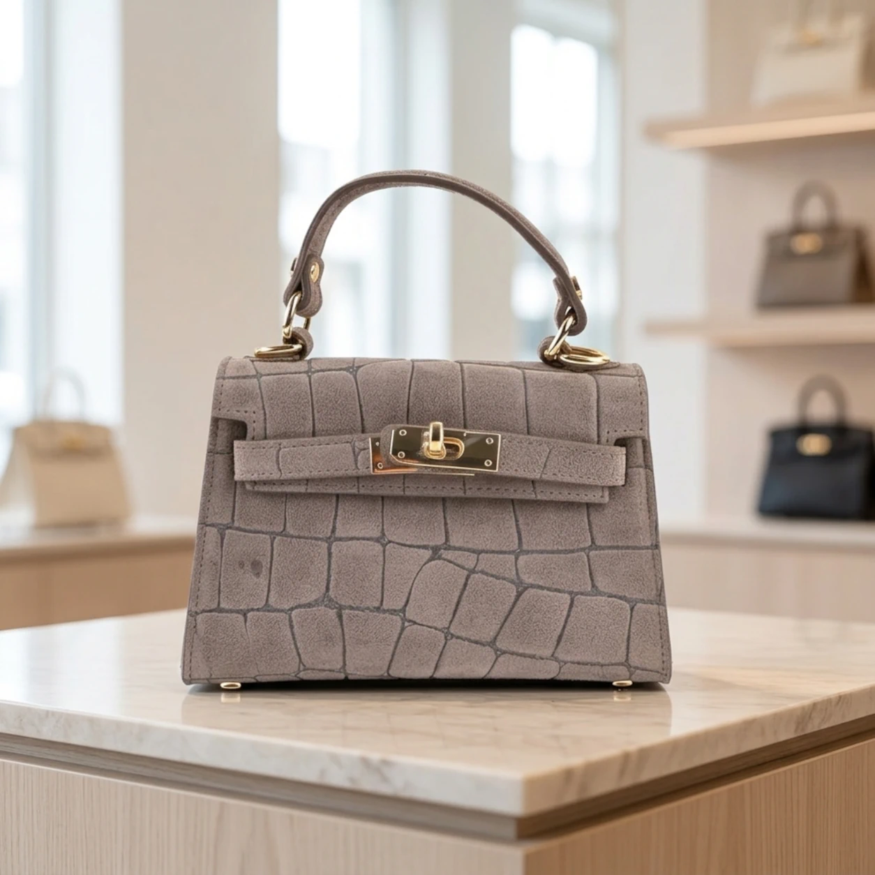 Lederen Croco print handtas Suede Taupe