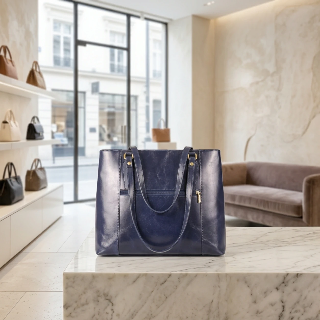 Vera Pelle handtas met lange handvat Donker Blauw