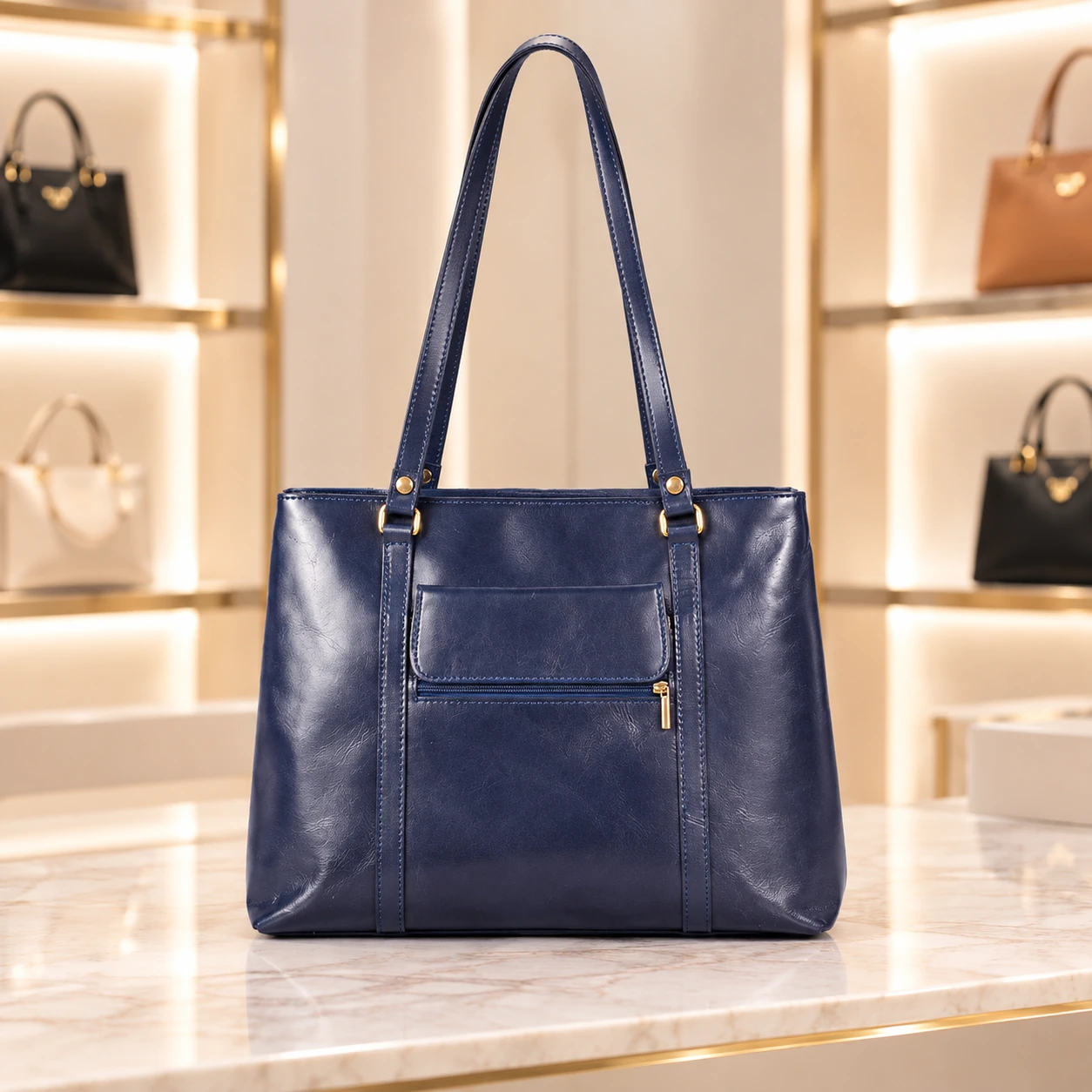 Vera Pelle handtas met lange handvaten Donker Blauw Bolsena